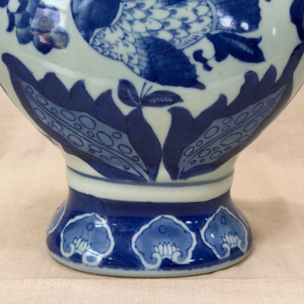 Vintage Blue and White Porcelain Bird Vase with Handles Chinoiserie 12 Inch